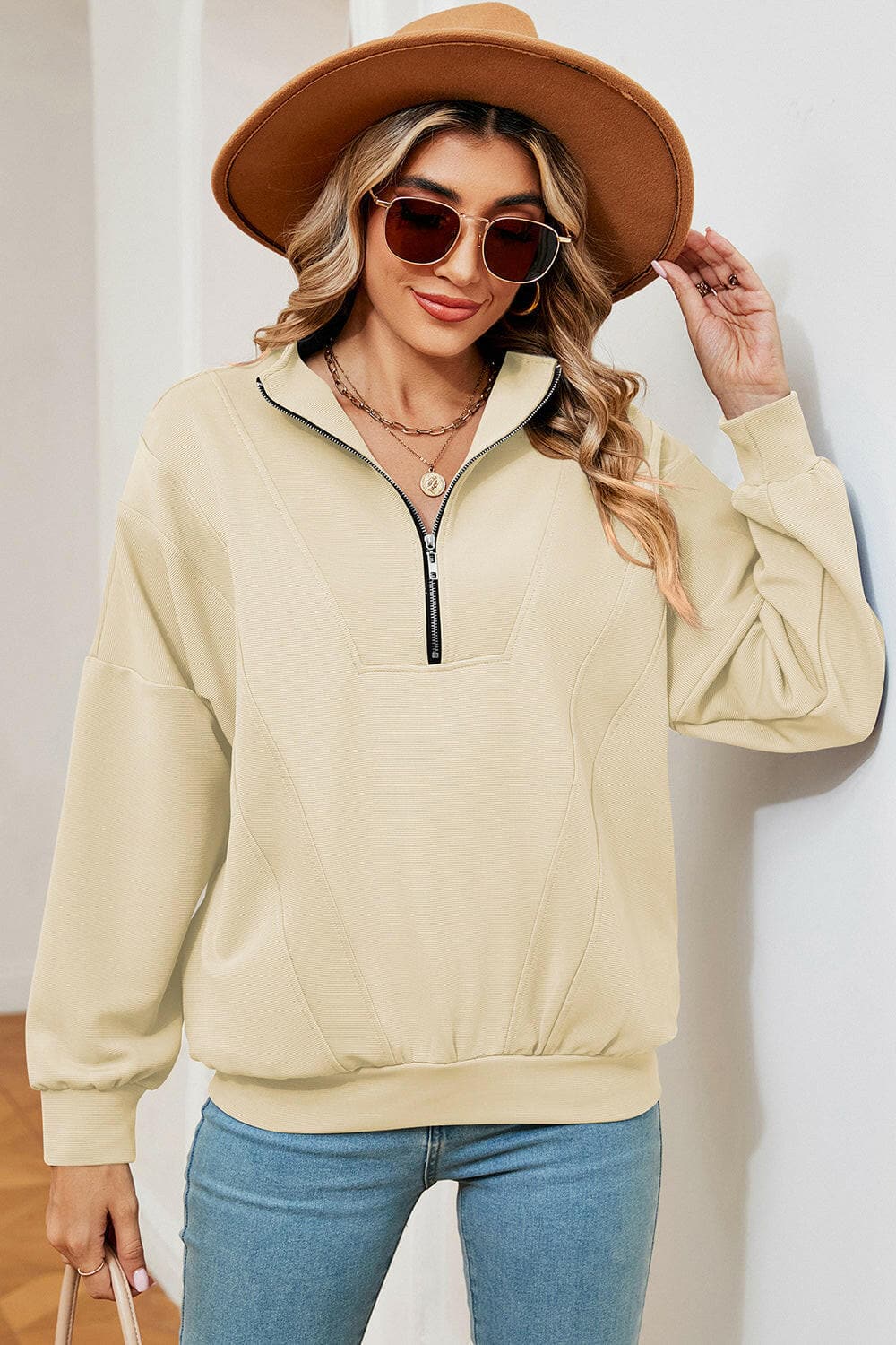 Half Zip Dropped Shoulder Sweatshirt.