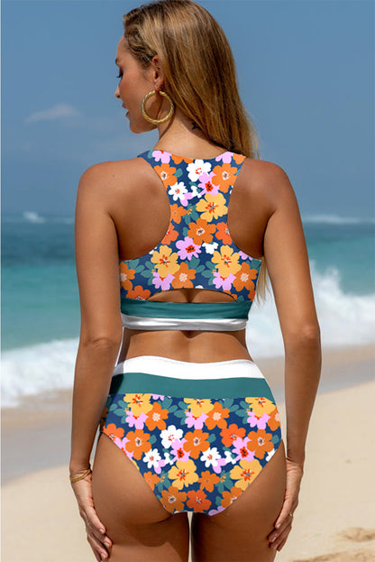 Vibrant Green Floral High-Waist Cutout Bikini Set with Racerback Design