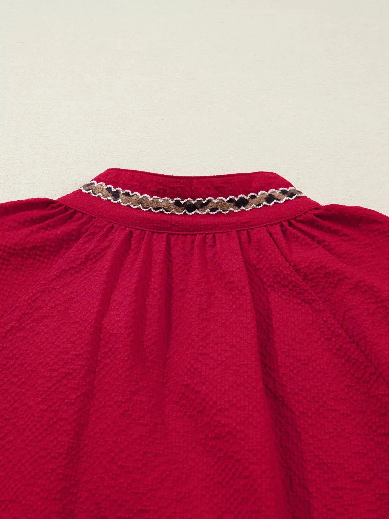 Leopard Notched Long Sleeve Blouse Simply Love