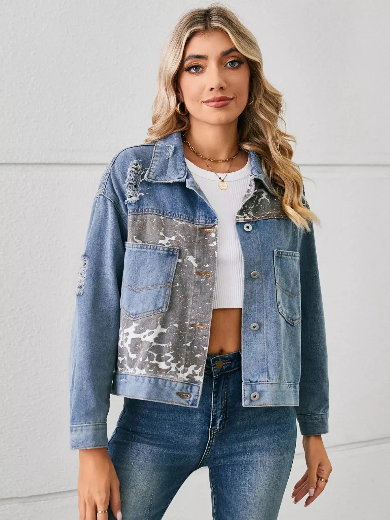 Snake Print Button Up Denim Jacket Simply Love