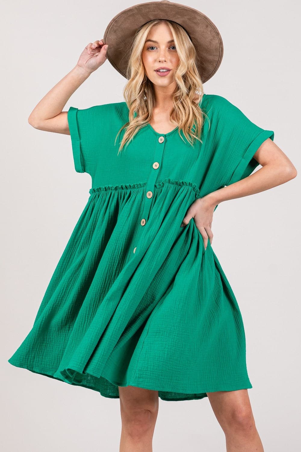 SAGE + FIG Full Size Button Up Short Sleeve Dress.