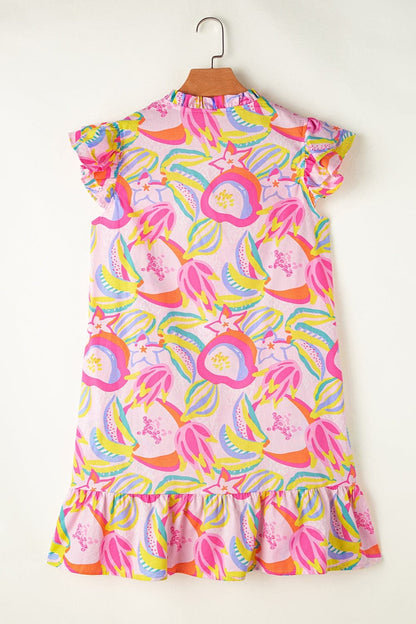 Ruffled Printed Cap Sleeve Mini Dress.