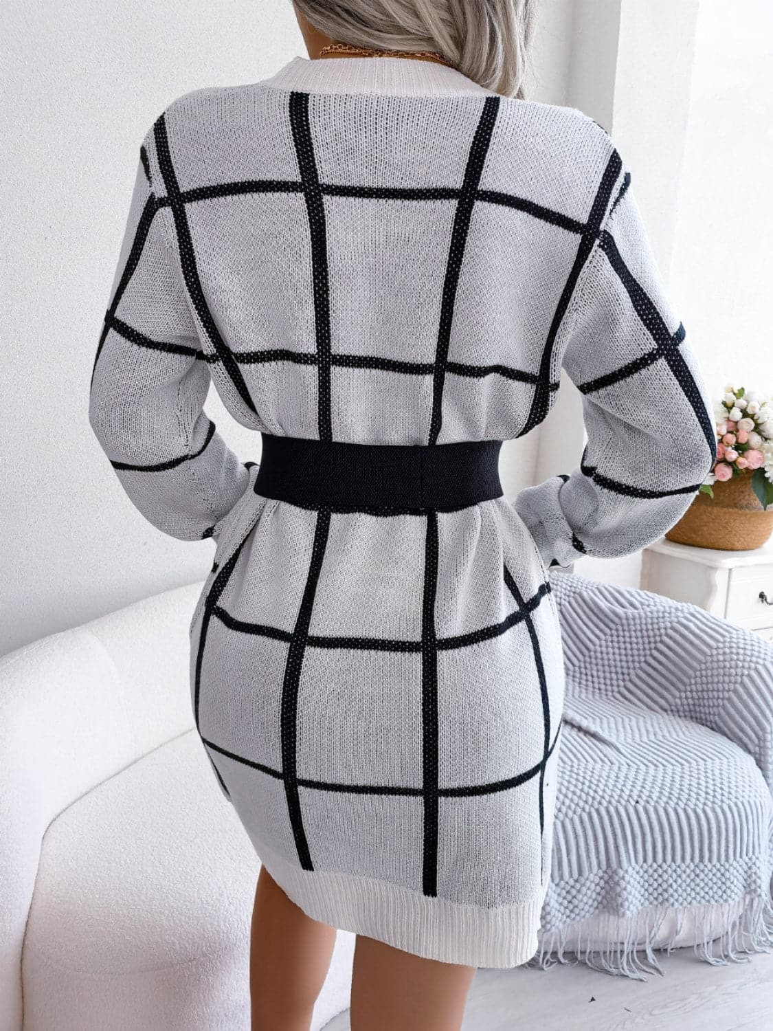 Plaid Round Neck Dropped Shoulder Sweater Dress.