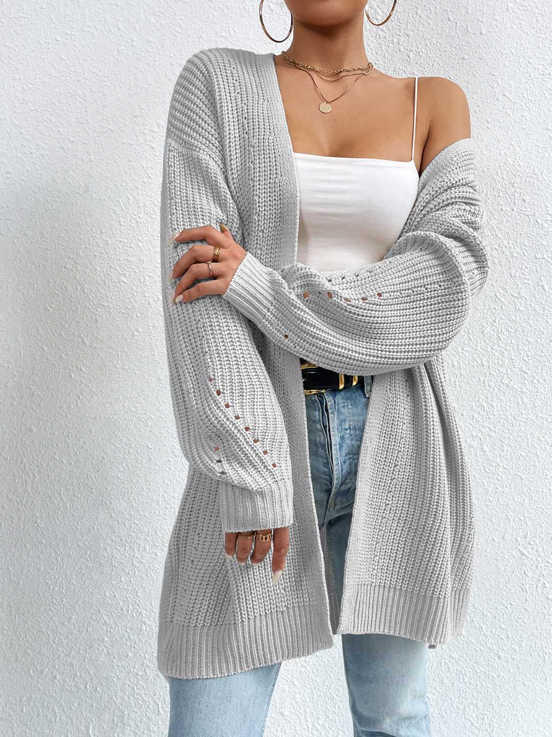 Open Front Dropped Shoulder Slit Cardigan.