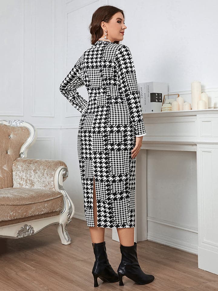 Plus Size Houndstooth Button-Down Long Sleeve Dress.