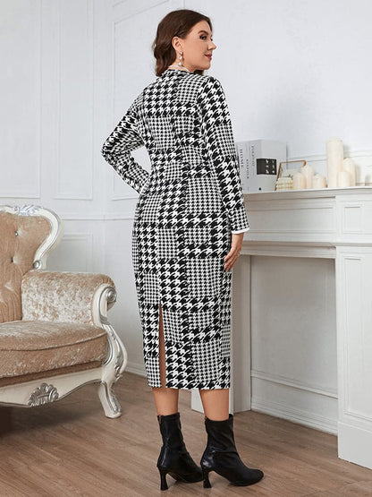 Plus Size Houndstooth Button-Down Long Sleeve Dress.