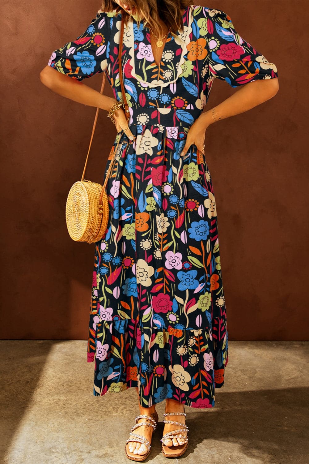 Printed V-Neck Half Sleeve Midi Dress.