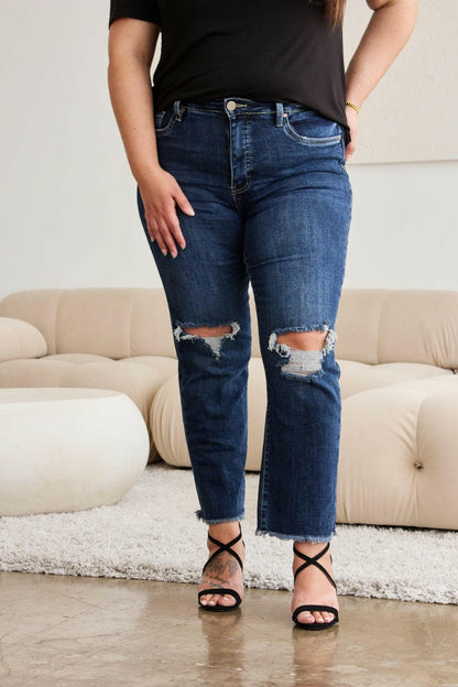 RFM Full Size Tummy Control Distressed High Waist Raw Hem Jeans.