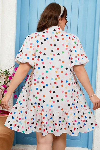 White Polka Dot Bubble Sleeve Plus Size Shirt Dress with Button Front Closure