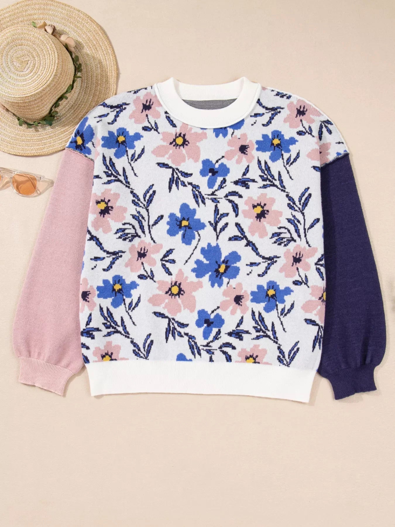 Floral Panel Colorblock Sleeve Patchwork Sweater Simply Love