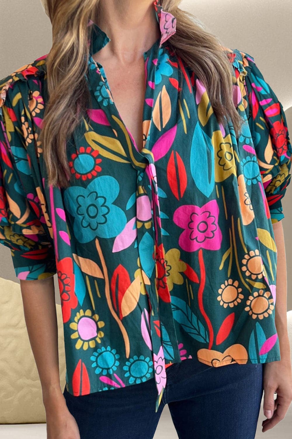 Printed Tie Neck Half Sleeve Blouse.