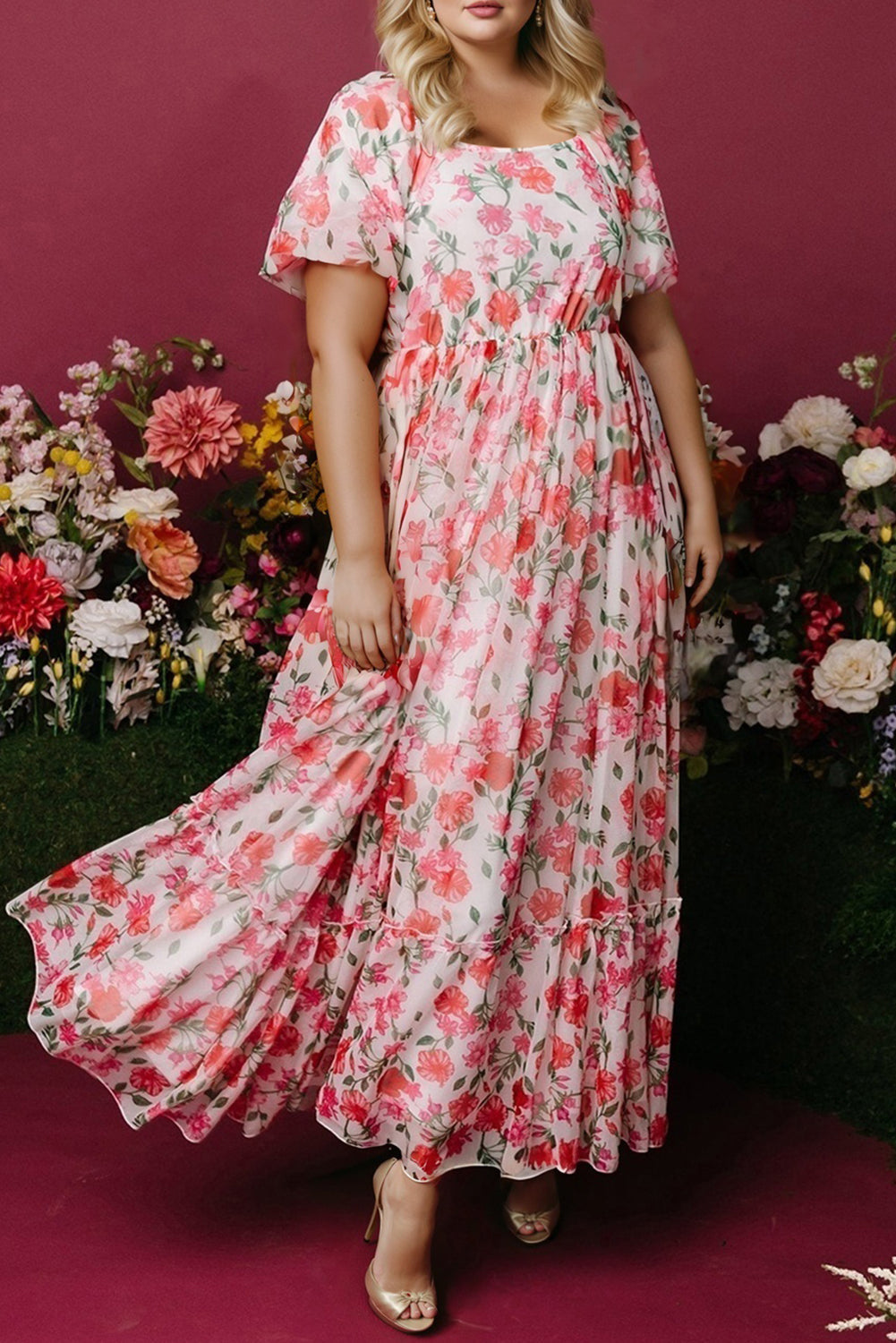 Pink Plus Size Floral Square Neck Puff Sleeve Maxi Dress With Ruffles Dear-Lover Dropshipping
