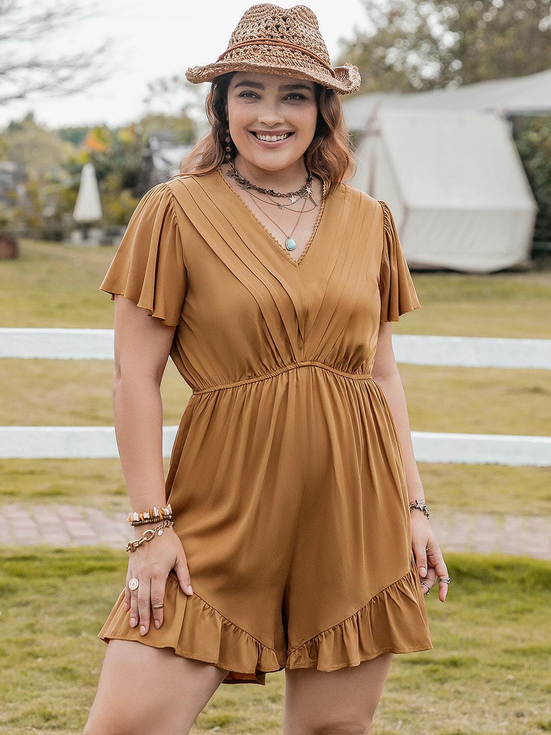 Plus Size Ruffled V-Neck Short Sleeve Romper.