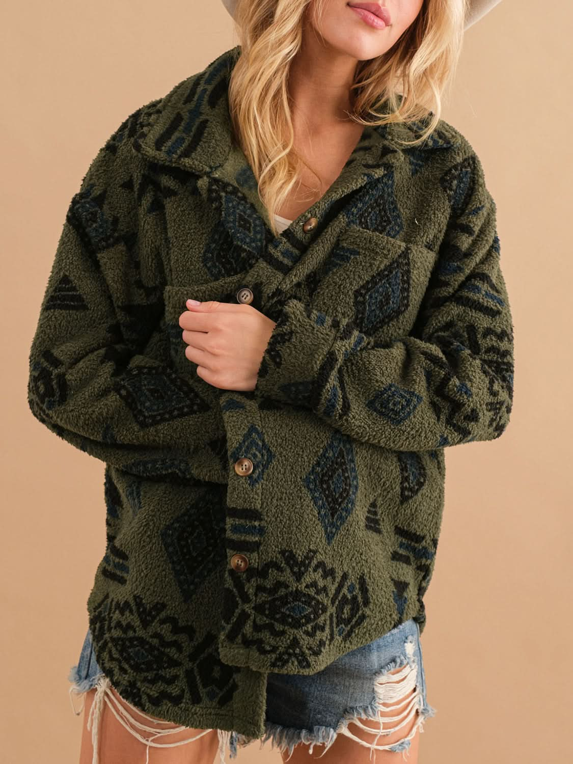 Geometric Button Up Long Sleeve Sherpa Jacket