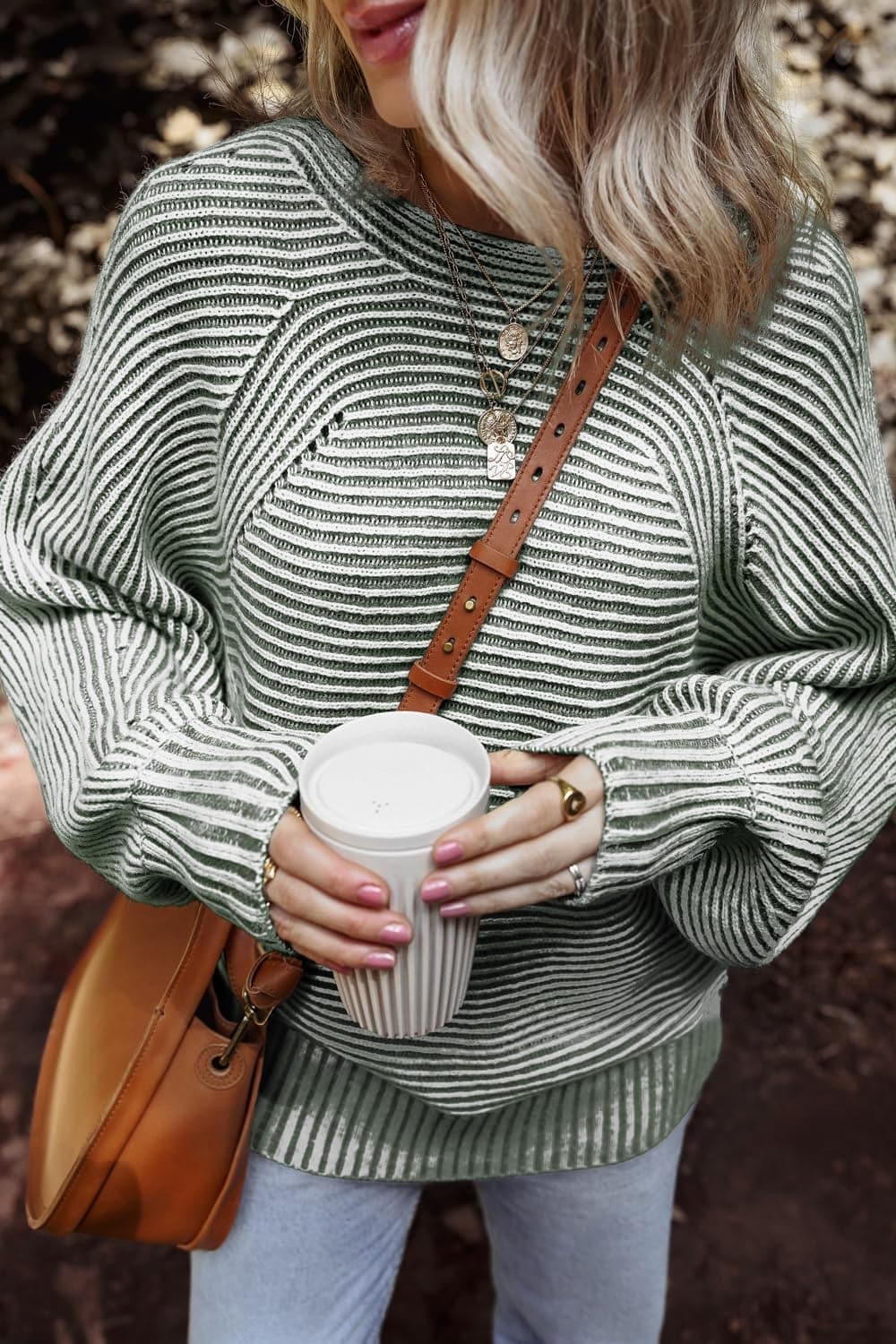 Textured striped long sleeve top with round neck