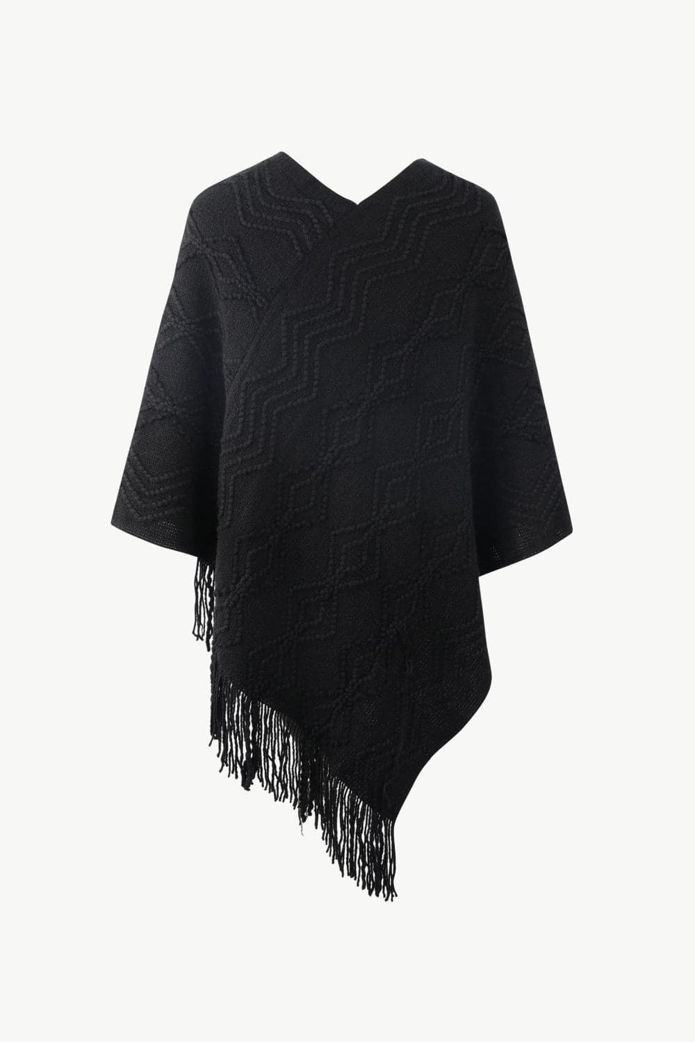 Pearl Trim V-Neck Fringe Hem Poncho.