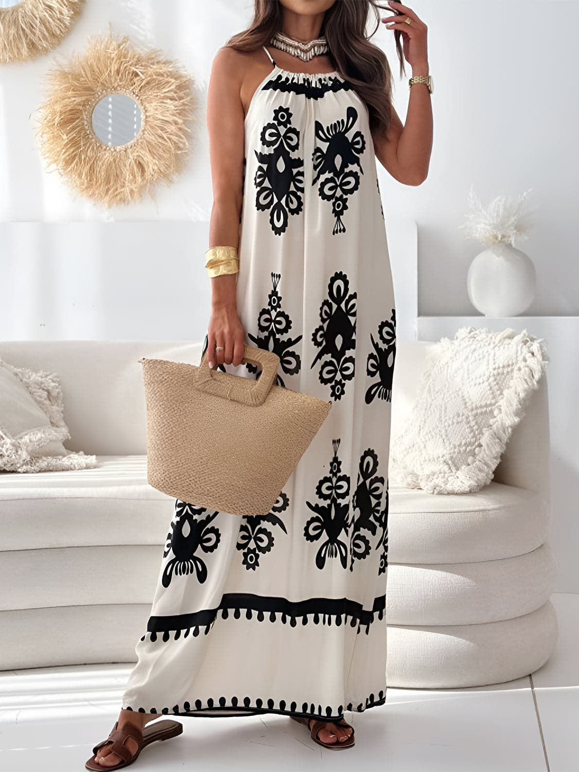 Printed Spaghetti Strap Sleeveless Maxi Dress.