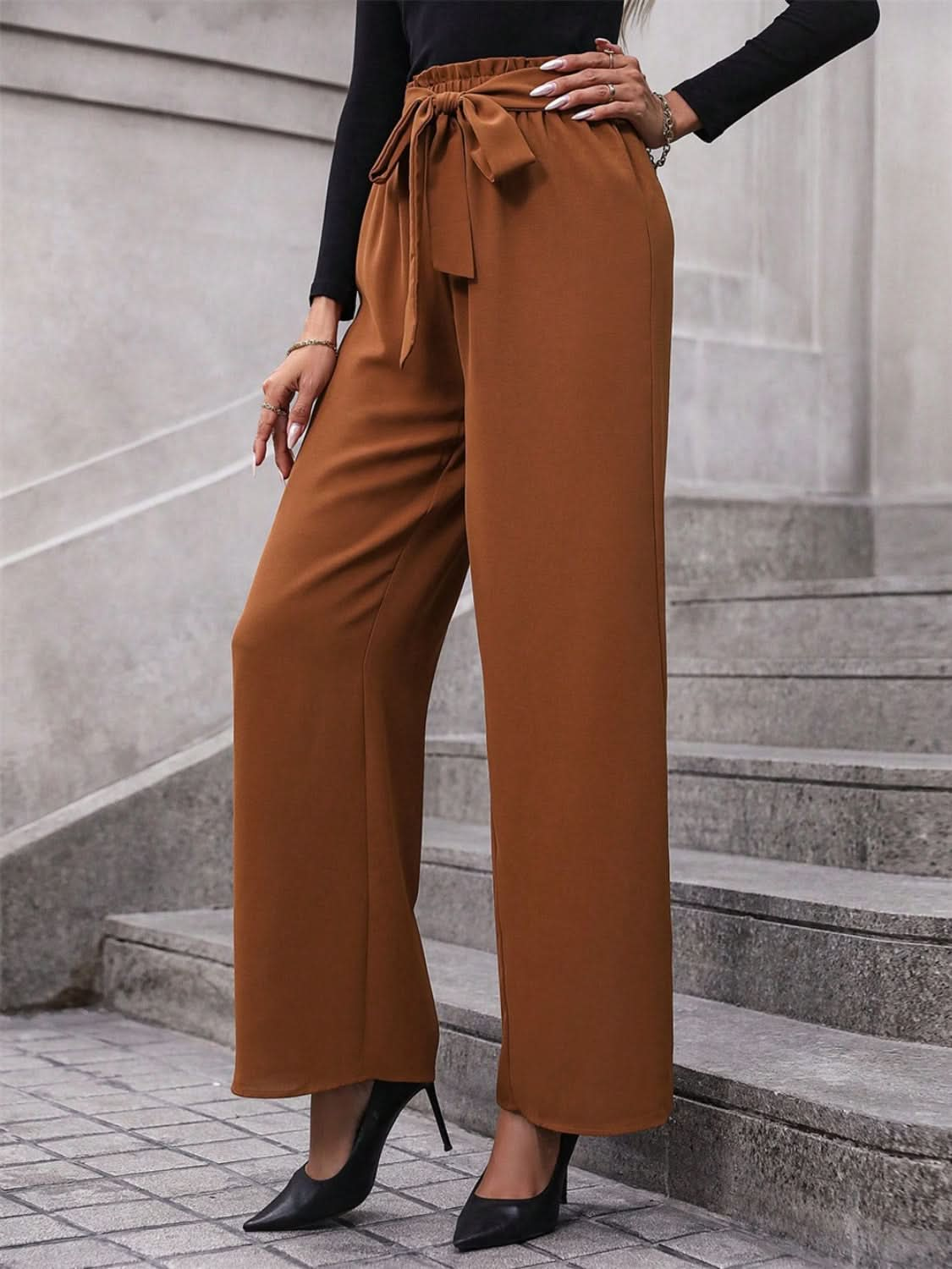 Tied high-waisted wide leg trousers