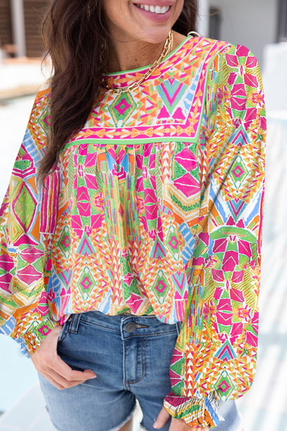 Chic orange geometric long sleeve blouse with keyhole back detail