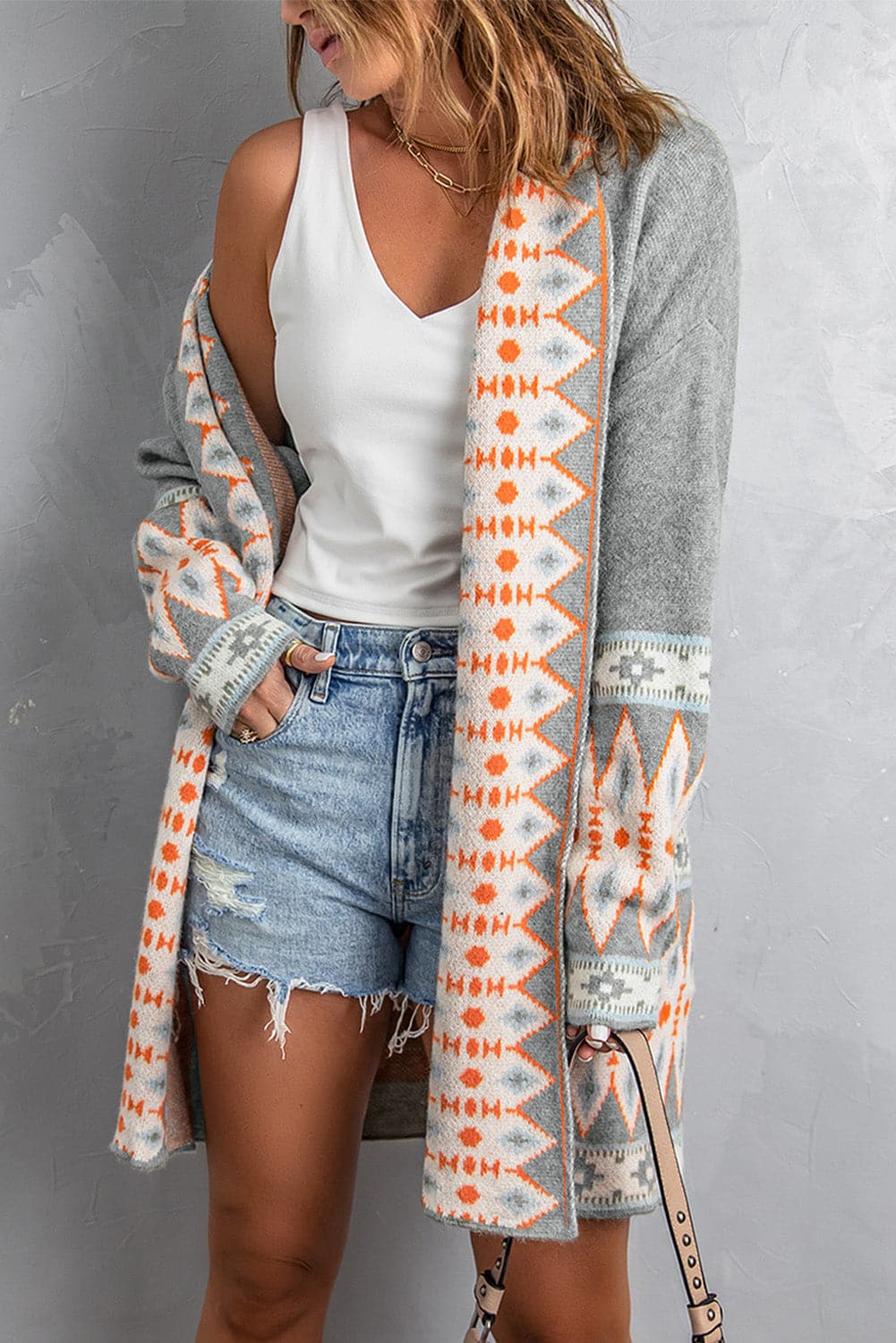 Geometric Open Front Long Sleeve Cardigan.