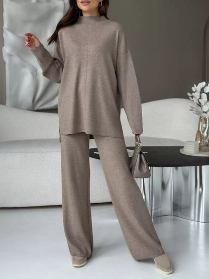 Slit Neck Knit Sweater Set with Pants