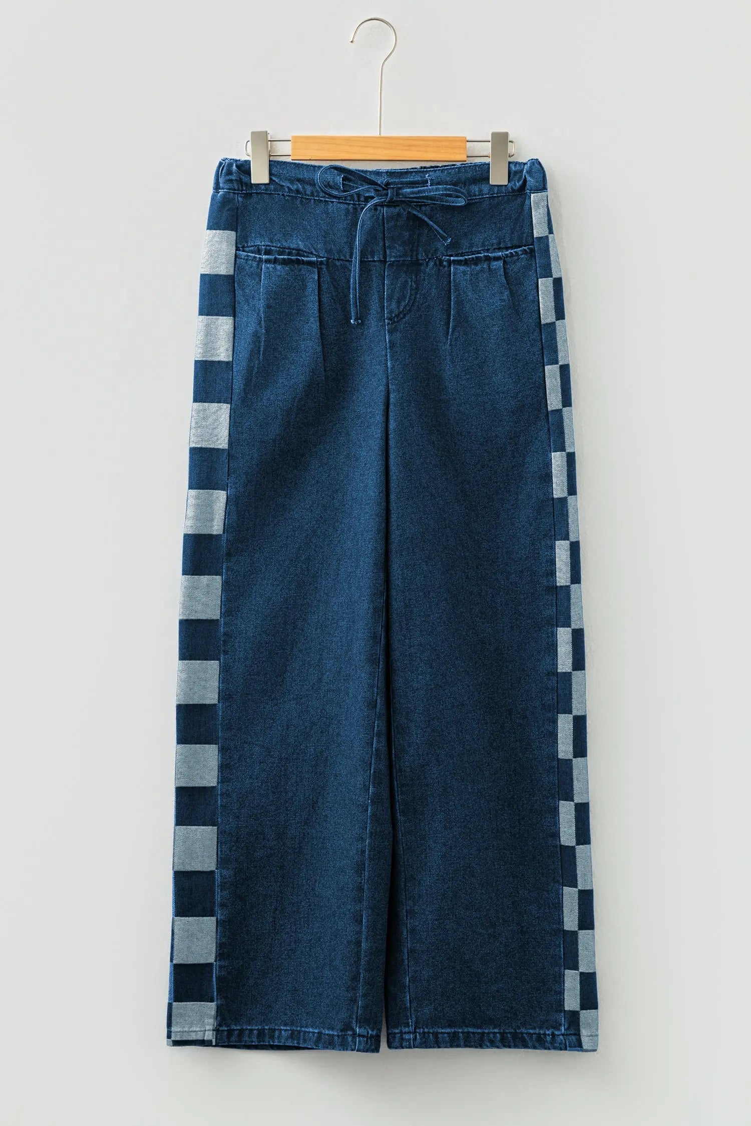 Sail Blue Checkered Side Panel Patchwork Drawstring Loose Denim Pants Dear-Lover Dropshipping