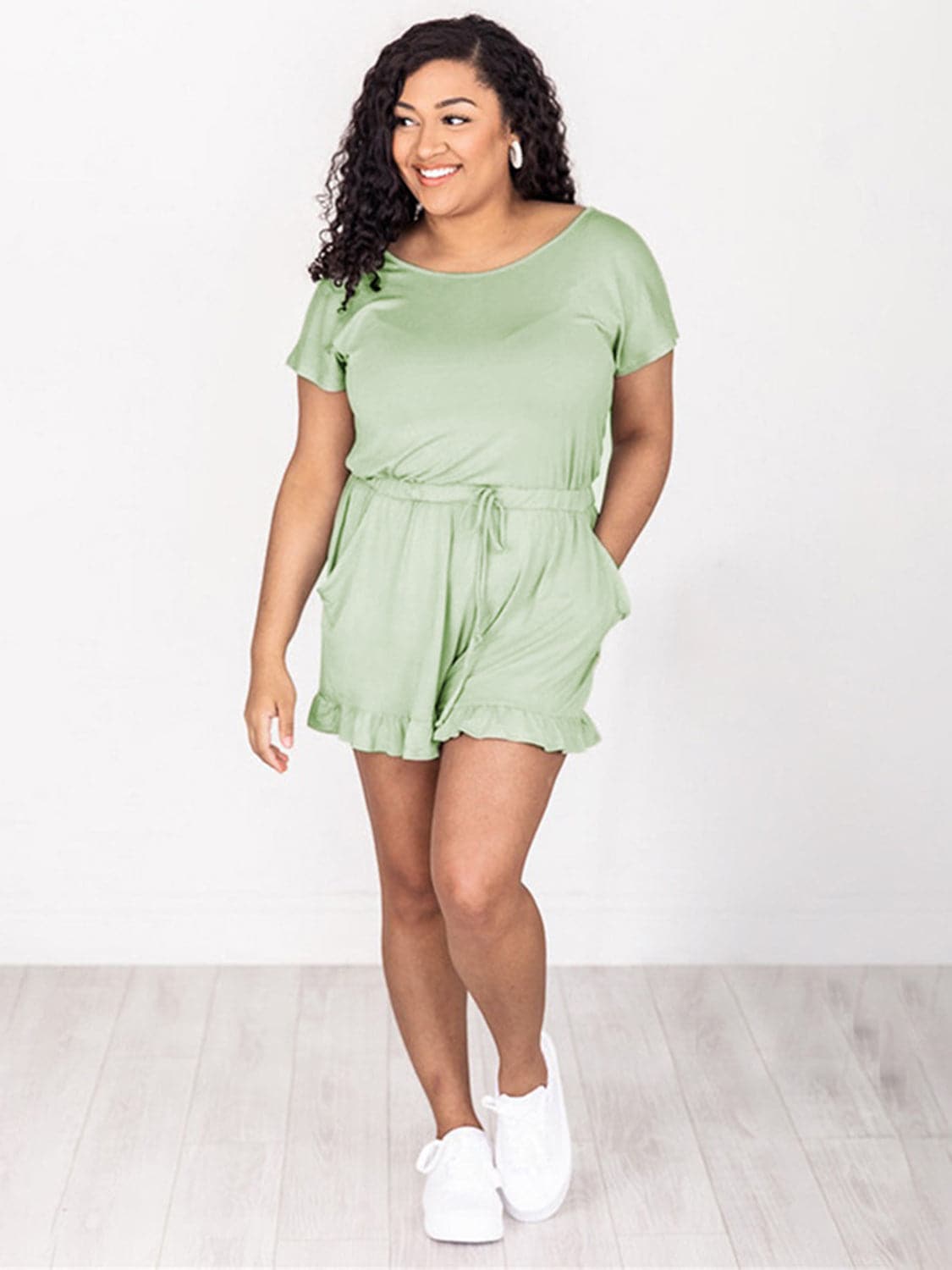 Ruffled Boat Neck Short Sleeve Romper.