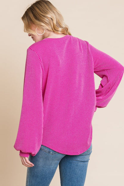 BOMBOM Long Sleeve Curved Hem Ribbed T-Shirt.