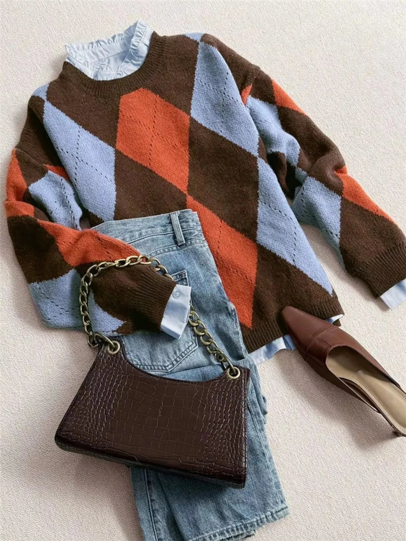 Vintage Argyle Round Neck Sweater Simply Love