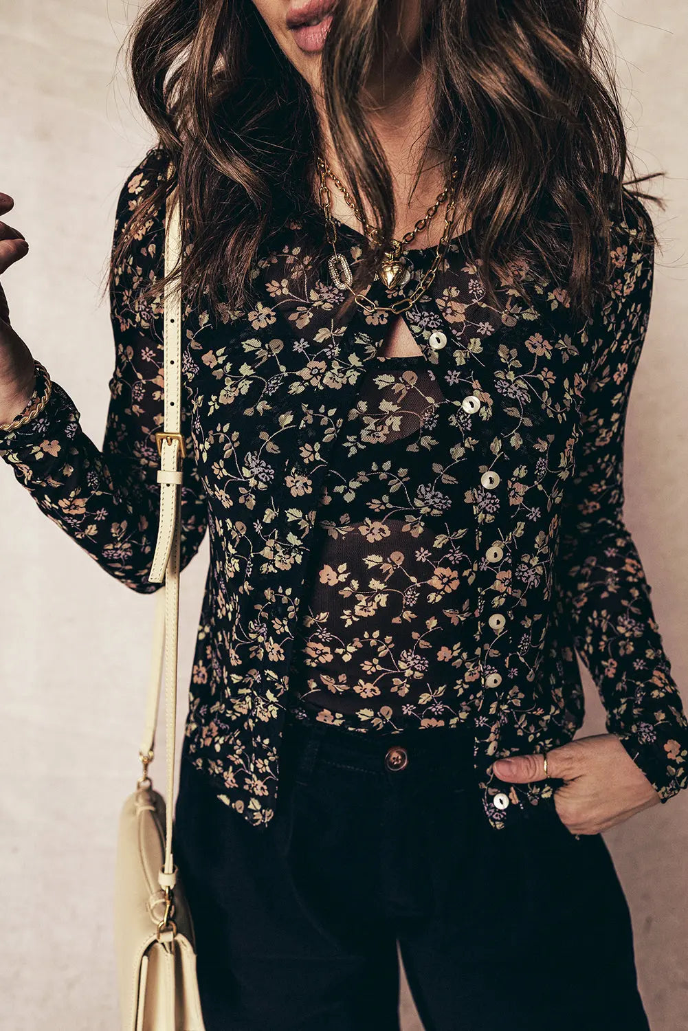Black Floral Print Mesh Tank Cardigan Set 2pc Button Front Slim Dear-Lover Dropshipping