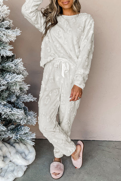 Cozy light grey leopard print fleece lounge set for relaxed days