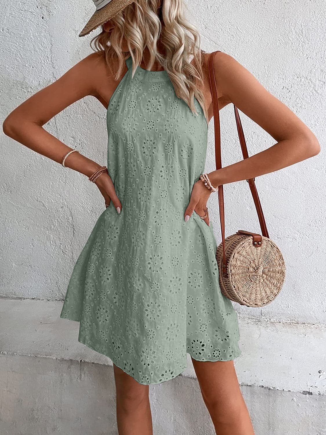 Eyelet Grecian Neck Mini Dress.