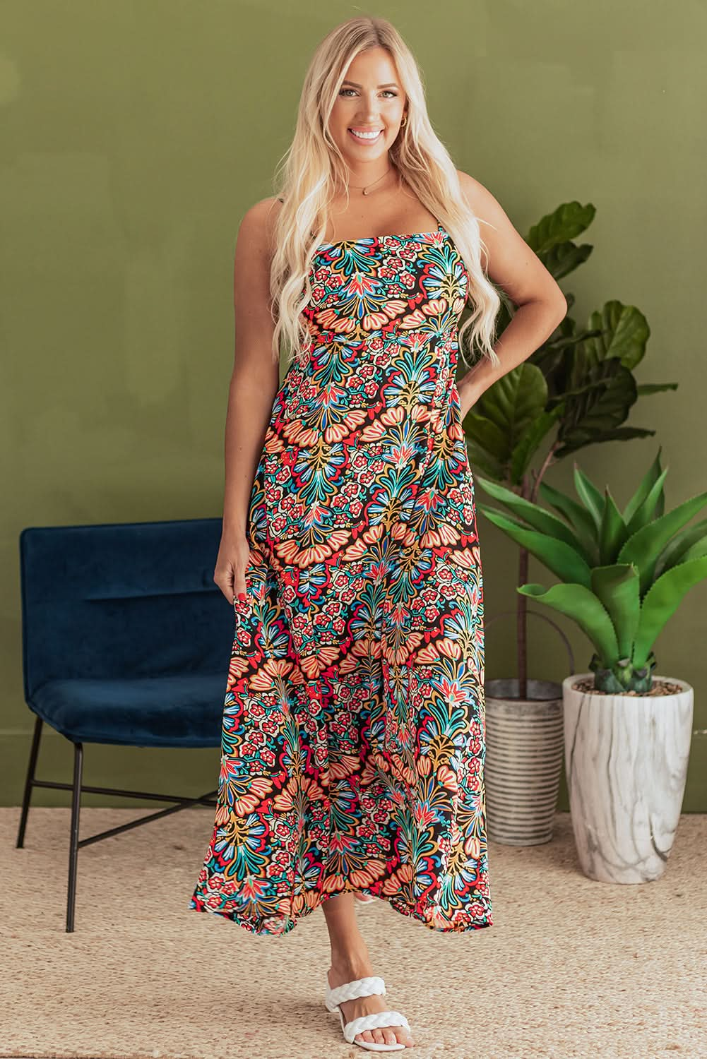 Chic Black Floral Print High Waist Boho Maxi Dress with Thin Straps