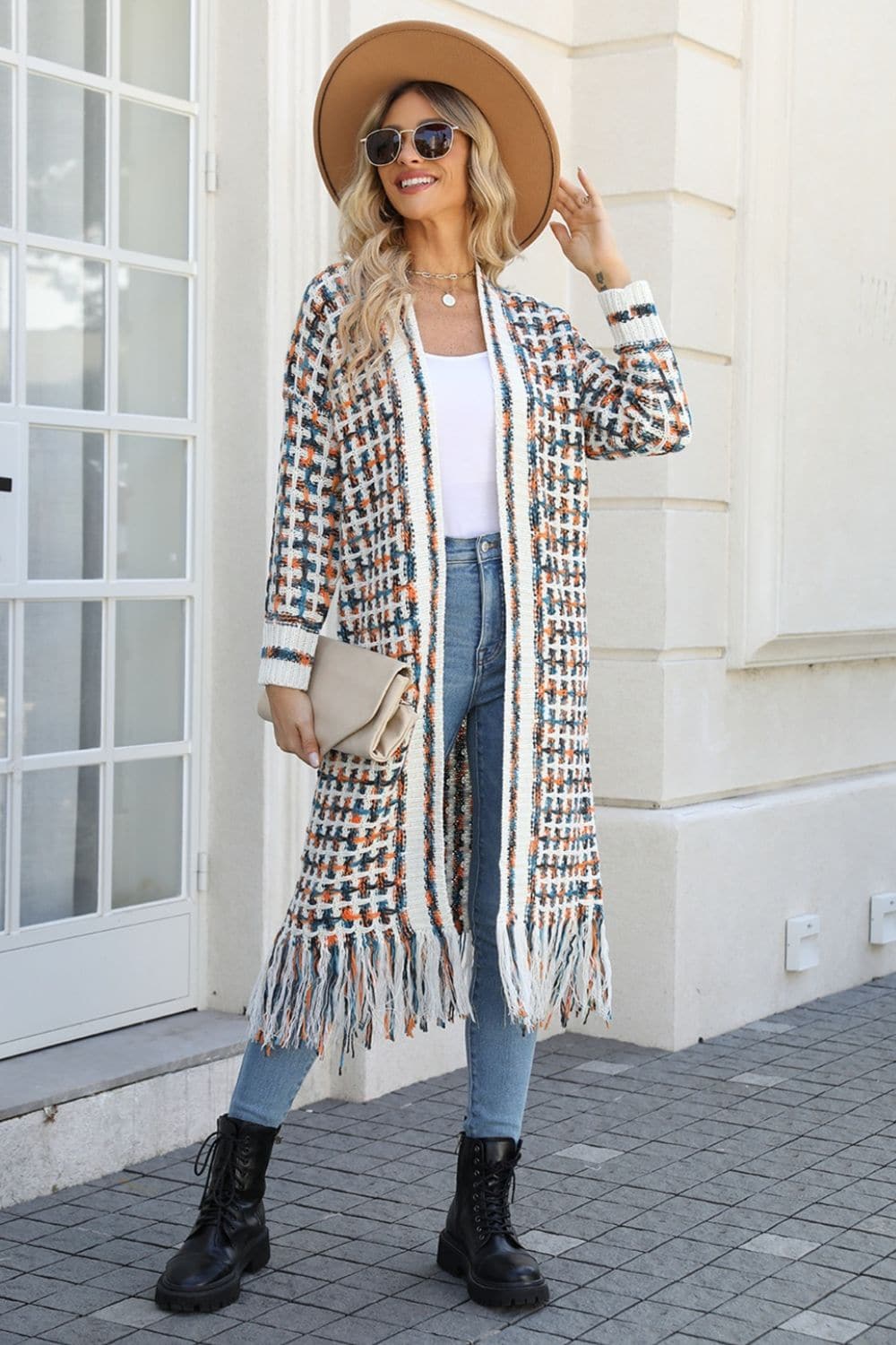 Multicolored Open Front Fringe Hem Cardigan.