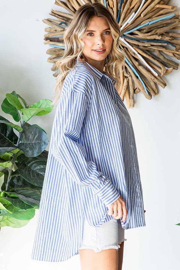 First Love Striped Button Down High-Low Hem Shirt.