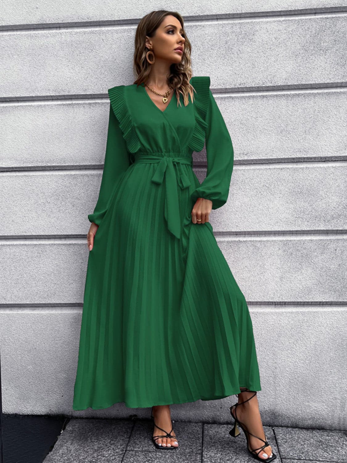 Pleated Surplice Tie Waist Maxi Dress.