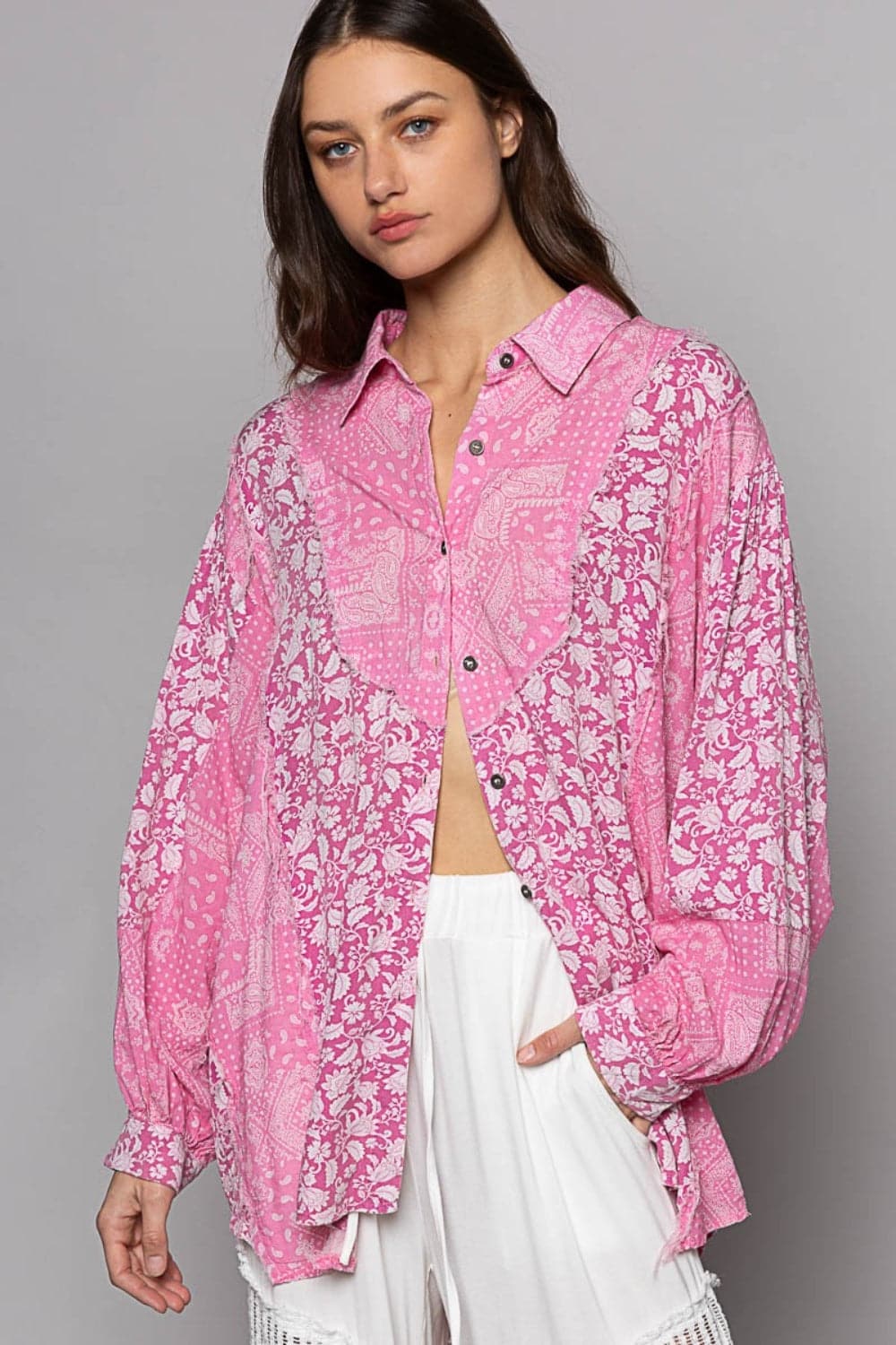 POL Button Down Long Sleeve Paisley Print Shirt.