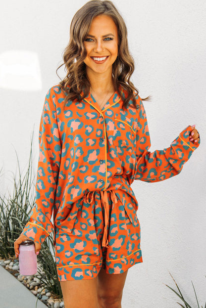 Leopard print loungewear set with long sleeves and shorts in vibrant orange