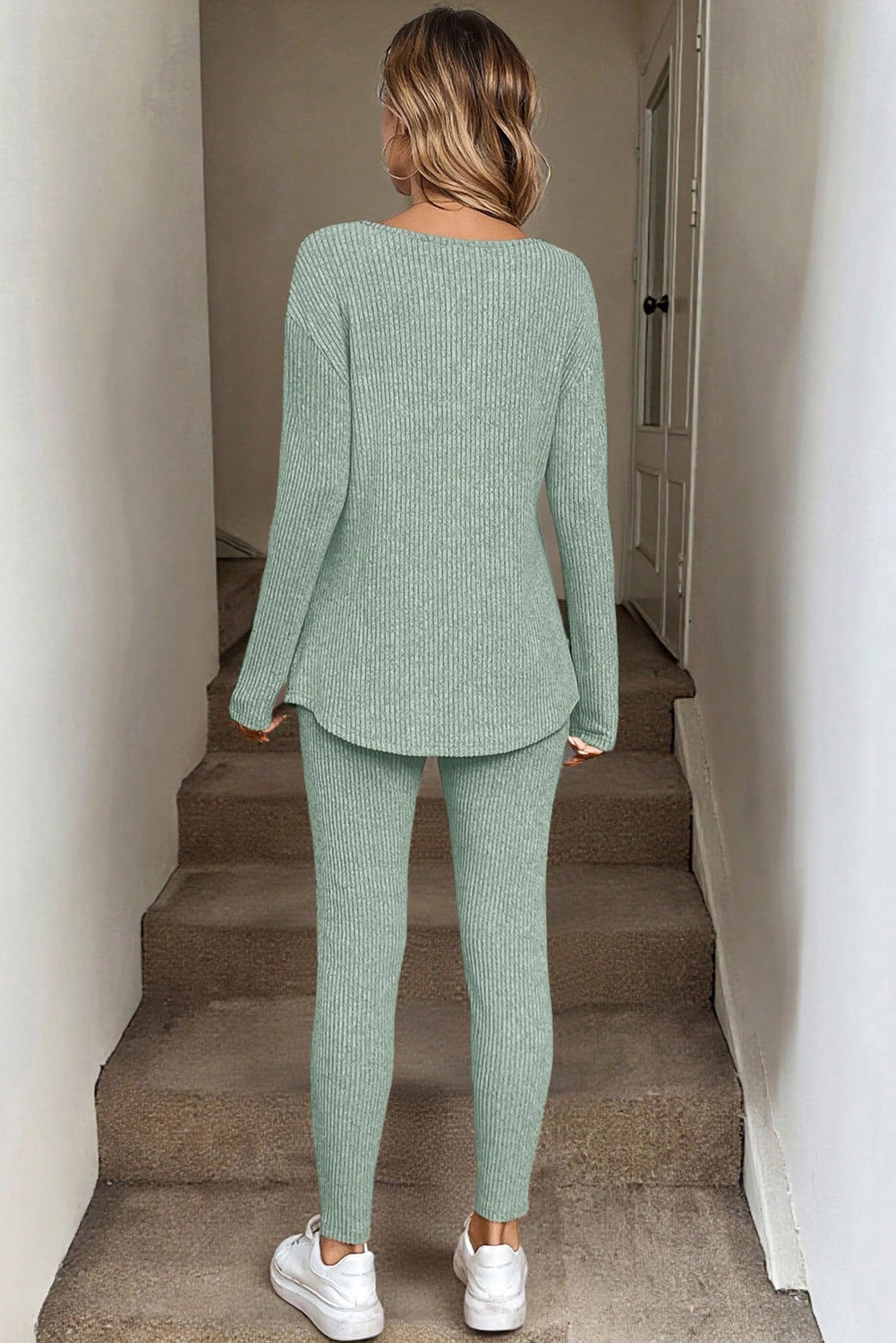 Grass Green Ribbed Notched Neck Knit Long Sleeve Leggings Two Pieces Lounge Set Dear-Lover Dropshipping