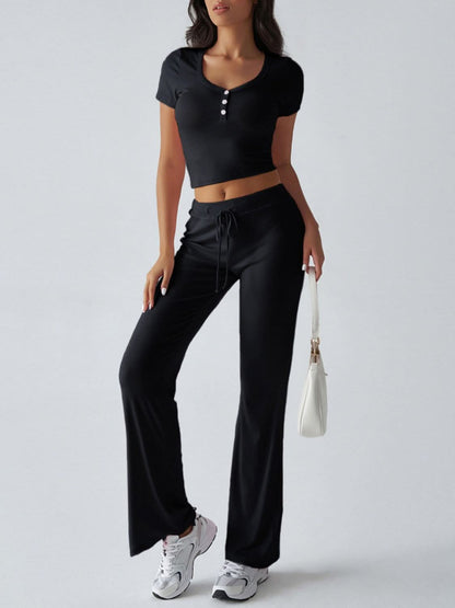 Chic Two-Piece Short Sleeve Top and Drawstring Pants Set