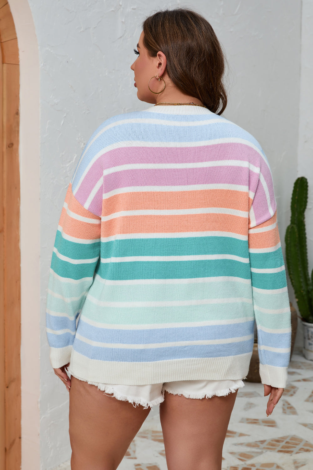 Chic multicolor striped plus size crewneck sweater