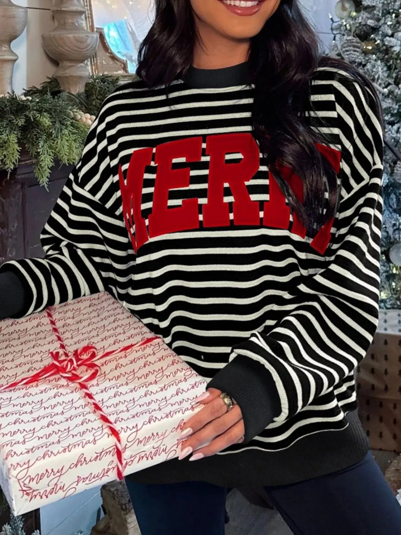 Striped Christmas Sweatshirt With Red Merry Letter Print Drop Shoulder Simply Love