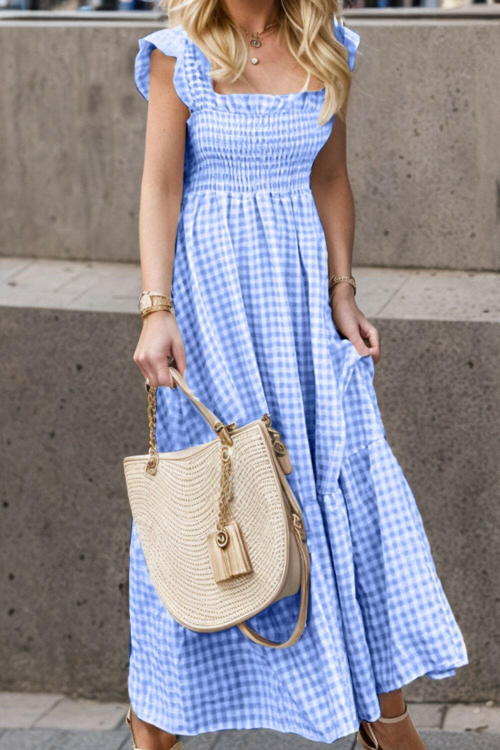 Full Size Smocked Ruffled Plaid Ruffle Hem Dress.