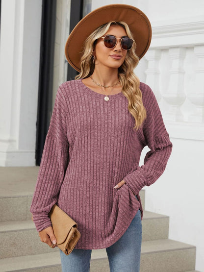 Ribbed Round Neck Long Sleeve T-Shirt.