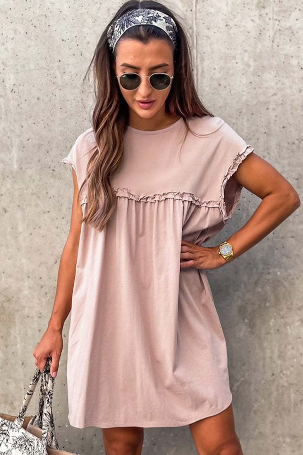 Oatmeal Frilled Trim Crew Neck Loose Fit Mini Dress Stylish