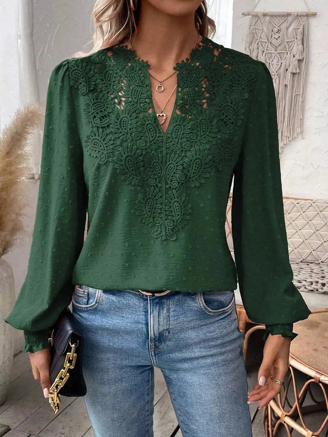 Lace Trim Long Sleeve Blouse Simply Love