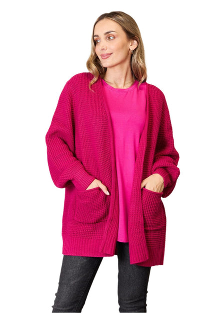 Zenana Full Size Waffle-Knit Open Front Cardigan.