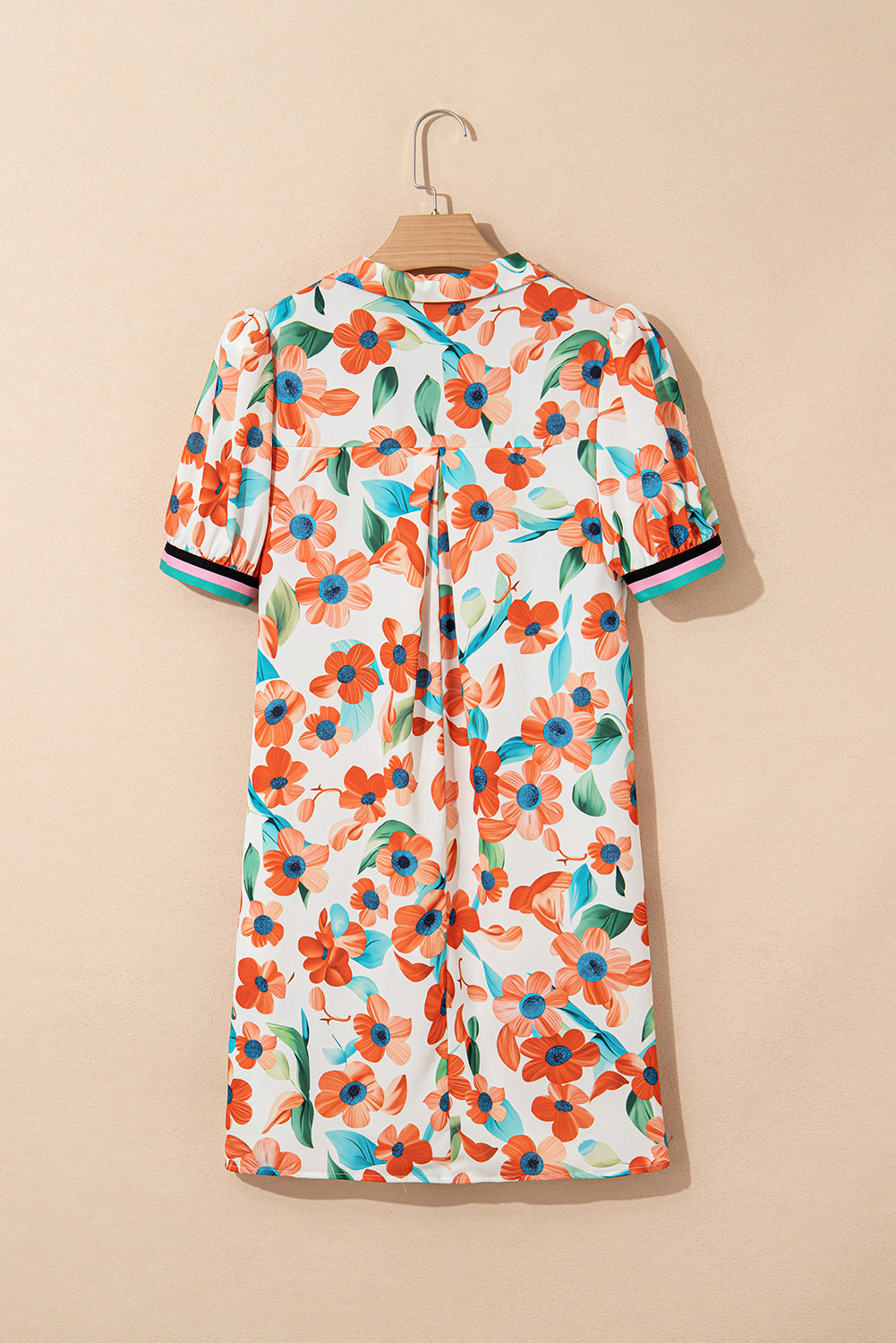 Orange Contrast Trim Floral Split Neck Puff Sleeve Mini Dress
