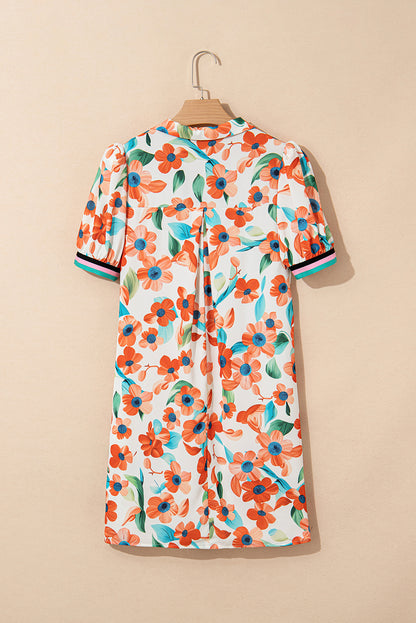 Orange Contrast Trim Floral Split Neck Puff Sleeve Mini Dress