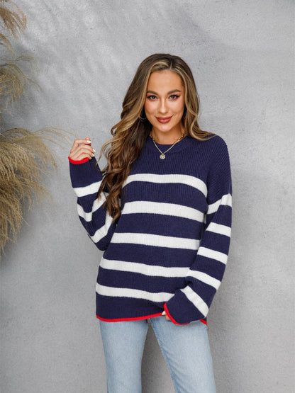 Striped Round Neck Dropped Shoulder Sweater.